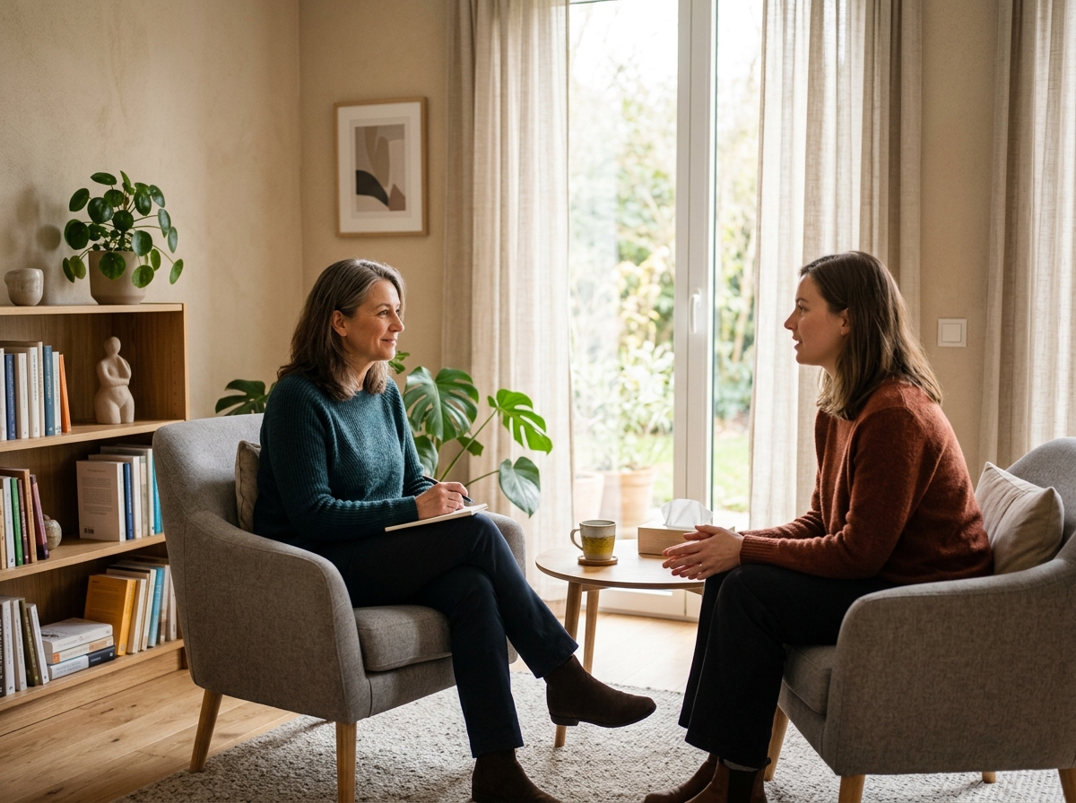 Sessão de psicoterapia em ambiente acolhedor, com escuta atenta e humanizada